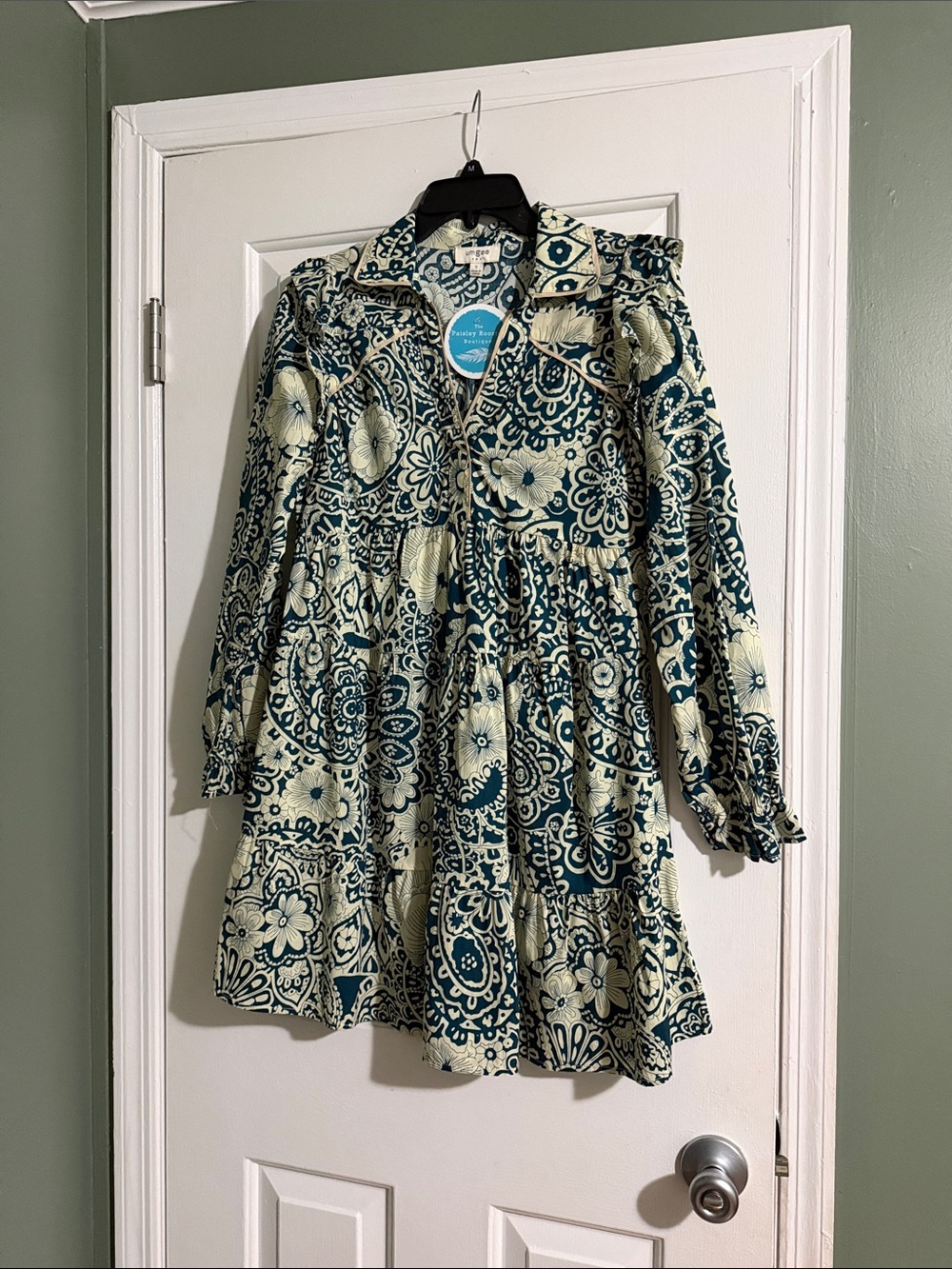 Girls' Floral Tiered Long-Sleeve Dress in Cream & Teal